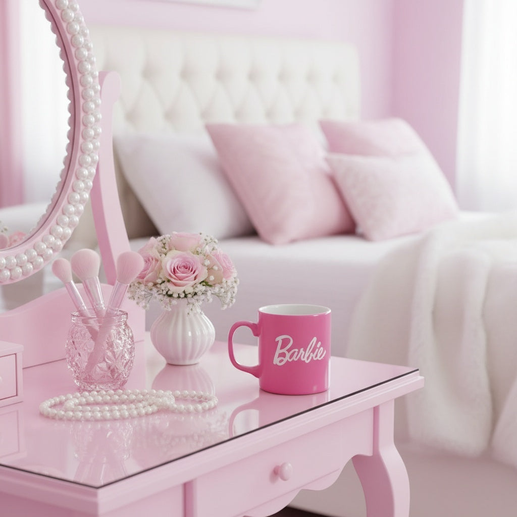 Barbie mug lifestyle vanity table pink glam