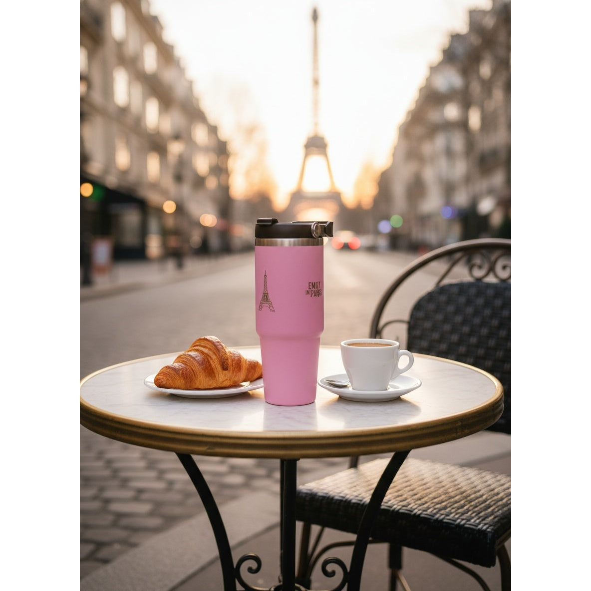 Emily in Paris travel mug lifestyle photography Parisian cafe