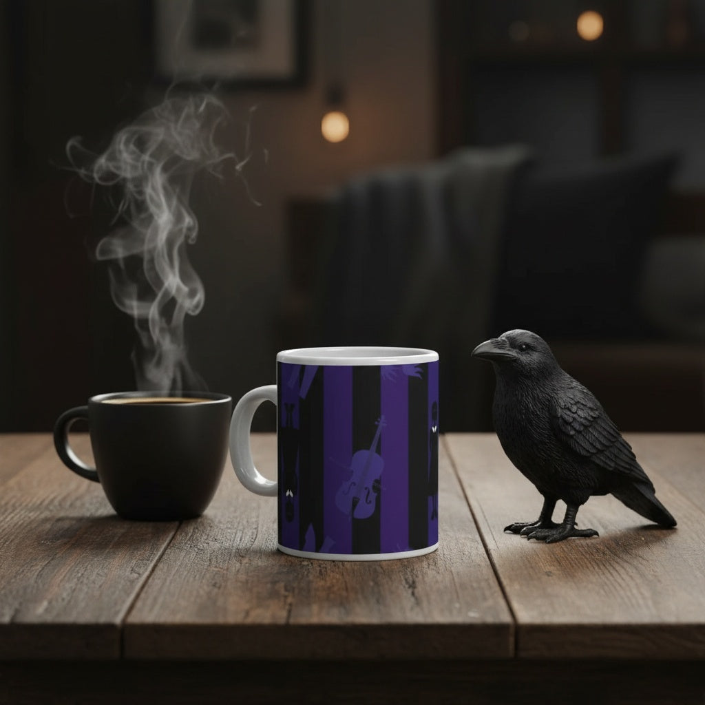 Wednesday Nevermore pattern sublimation mug lifestyle dark