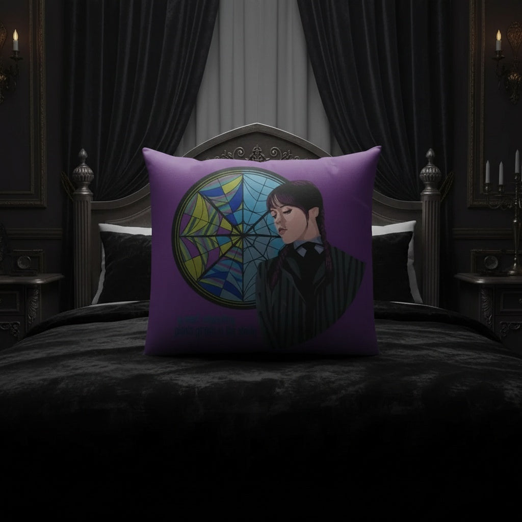 Wednesday portrait pillow cushion lifestyle gothic bedroom