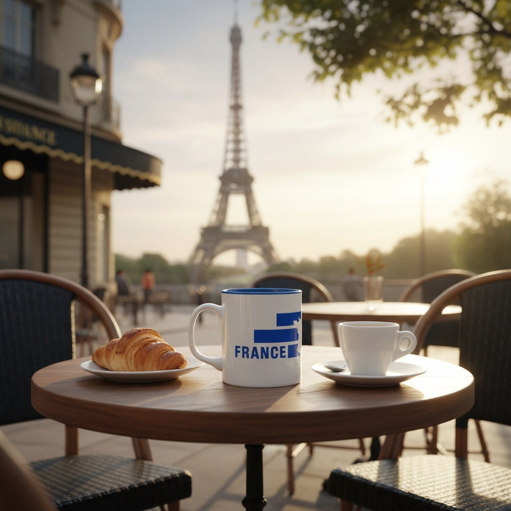Superman France mug lifestyle Parisian cafe Eiffel Tower