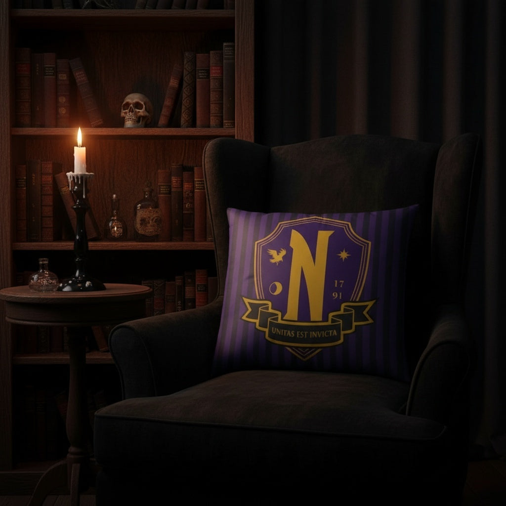 Wednesday Nevermore logo pillow cushion lifestyle gothic