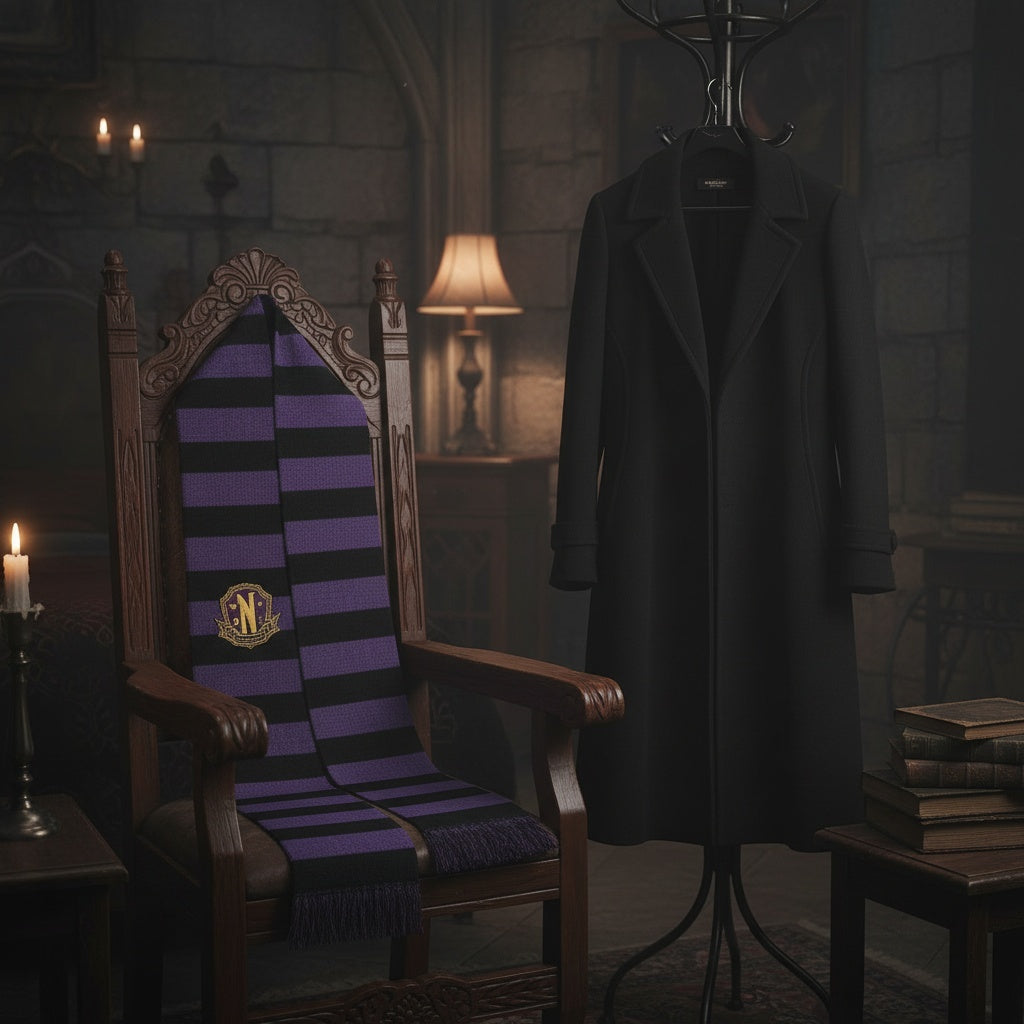 Wednesday Nevermore logo scarf lifestyle dark academia