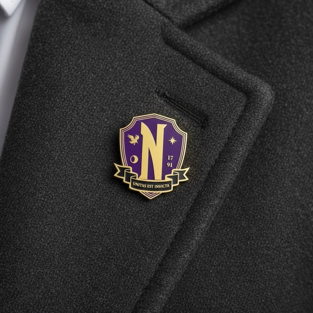 Wednesday Nevermore Academy pin lifestyle small on lapel