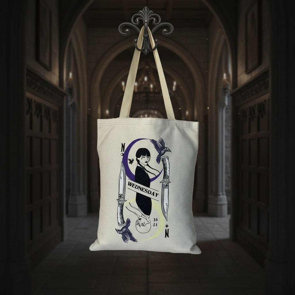 Wednesday and Enid tote bag lifestyle gothic hallway