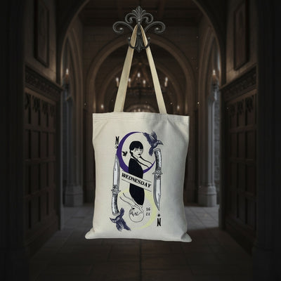 Wednesday and Enid tote bag lifestyle gothic hallway