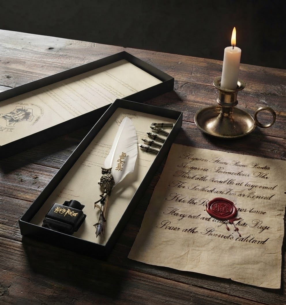 Harry Potter Tüy Kalem ve Mürekkep Seti — Baykuş Figürlü Kaligrafi Seti-Beyaz