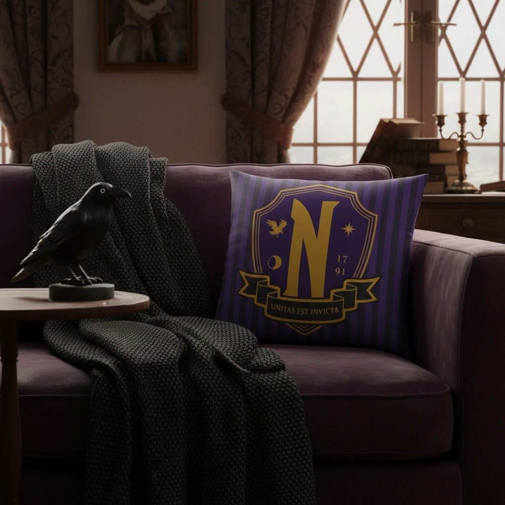Wednesday Nevermore Academy logo pillow cushion lifestyle