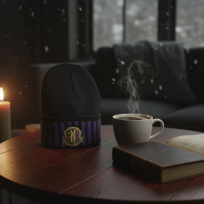 Wednesday Nevermore logo beanie hat lifestyle cozy winter