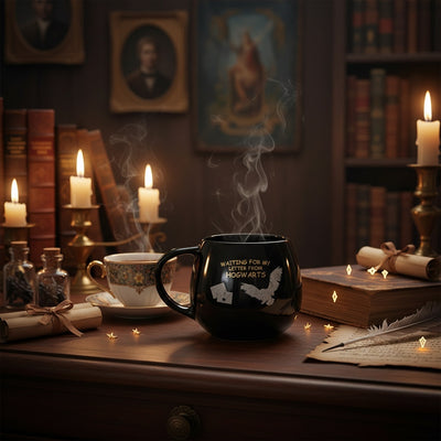 Hogwarts black mug lifestyle cozy study room